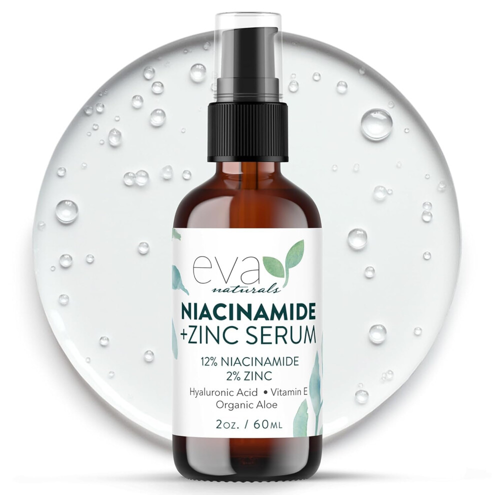 Eva Naturals 12% Niacinamide Serum For Face + Zinc (2 Oz) Vitamin B3, 2% Zinc And Hyaluronic Acid Serum Known To Even Skin Tone, Shrink Pores, Pump Fine Lines,