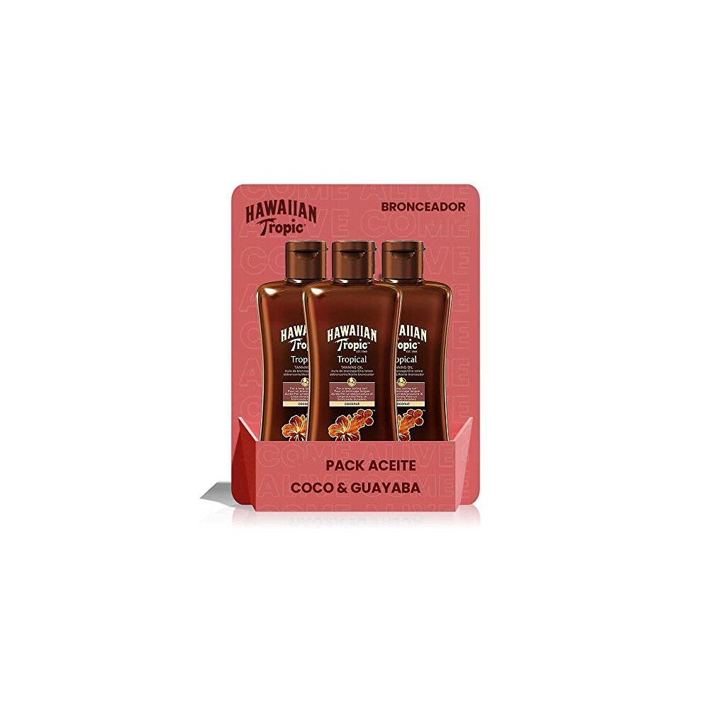 Hawaiian Tropic Tanning Oil SPF 0 - Unprotected Sun Tanning Oil, Skin Tanning Accelerator, Tropical Fragrance, Pack 3 Units x 200 ml