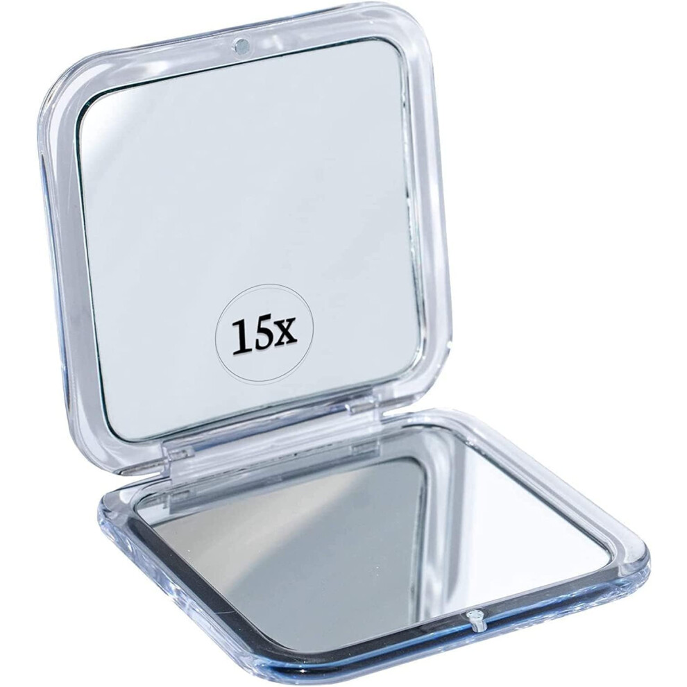 Mirrorvana Small Compact 15X Magnifying Mirror For Travel - Handheld, Foldable & Very Lightweight - Mini Pocket-Sized Magnified Mirror For Purse