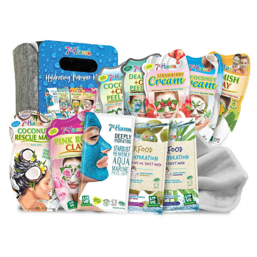 7th Heaven Hydrating Pamper Hamper Gift Set - 9 x Face Masks, 1 x Volumising Hair Masks for Dry Damaged Hair & Soft Cleansing Cloth - Skincare Set