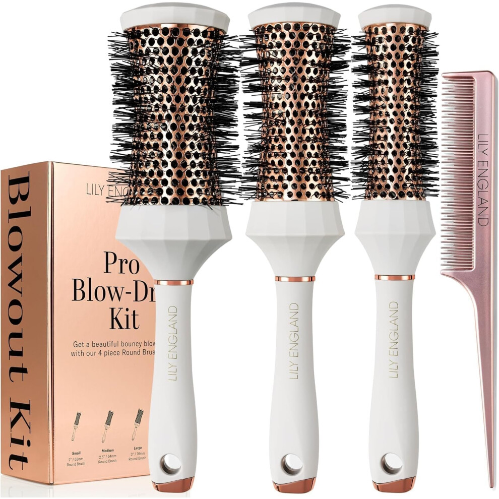 Photos - Comb Lily England Round Hair Brush Set, 4 Piece Professional Blow Dry Kit with 3 Round Brushes and  for Styling, Beauty Gifts