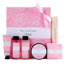 Spa Luxetique Spa Gift Set, Pampering Gifts for women, 6pcs Rose Bath Gift Set, Travel Gift Box with Hand Cream, Body Lotion, Bubble Bath Sets for
