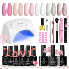 Beetles Gel Nail Polishes Starter Kit, 6 Colors Nail Salon Set with 48W Nail Lamp, Pink Valentines Decorations French White Glitter Pink Nude Gel Nail