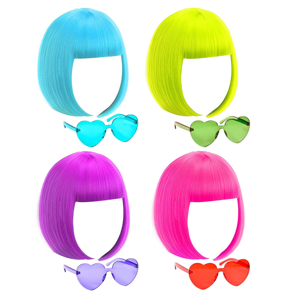 Dajooee Colored Wigs With Flat Bangs 4 Pack,Neon Short Bob Wig,Wig Cap, Heart Bachelorette Sunglasses Pack Costume Colorful Cosplay Wig For St.