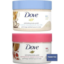 Dove Exfoliating Body Scrub Polish Crushed Macadamia & Rice Milk and Pomegranate Seeds & Shea Butter