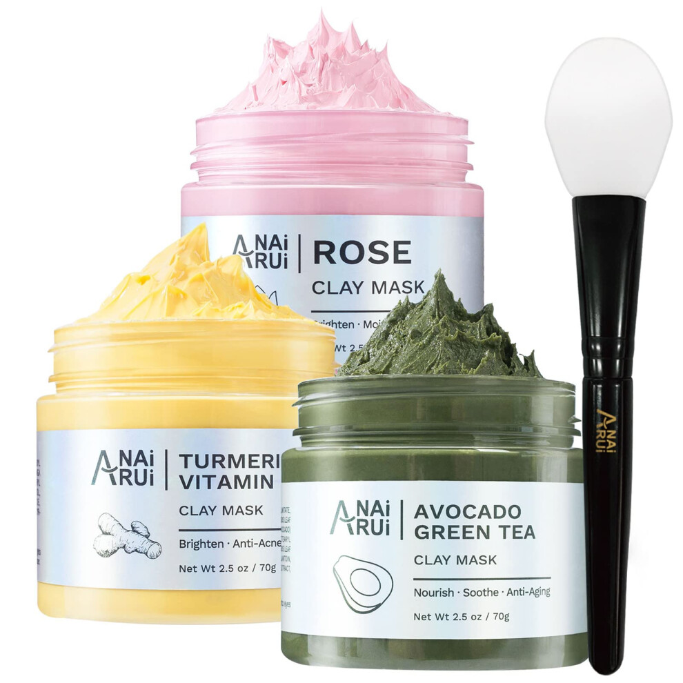 ANAiRUi Clay Mask Set for Skin Care - included Turmeric Vitamin C + Rose + Avocado Green Tea Face Mask - Deep Cleansing, Hydrating, and Nourishing -