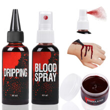Fake Blood Set, 60ml Fake Blood Spray and 60ml Dripping Blood and 40ml Coagulated Gel Blood, Halloween Washable Fake Blood Makeup for Clothes, Zombie,