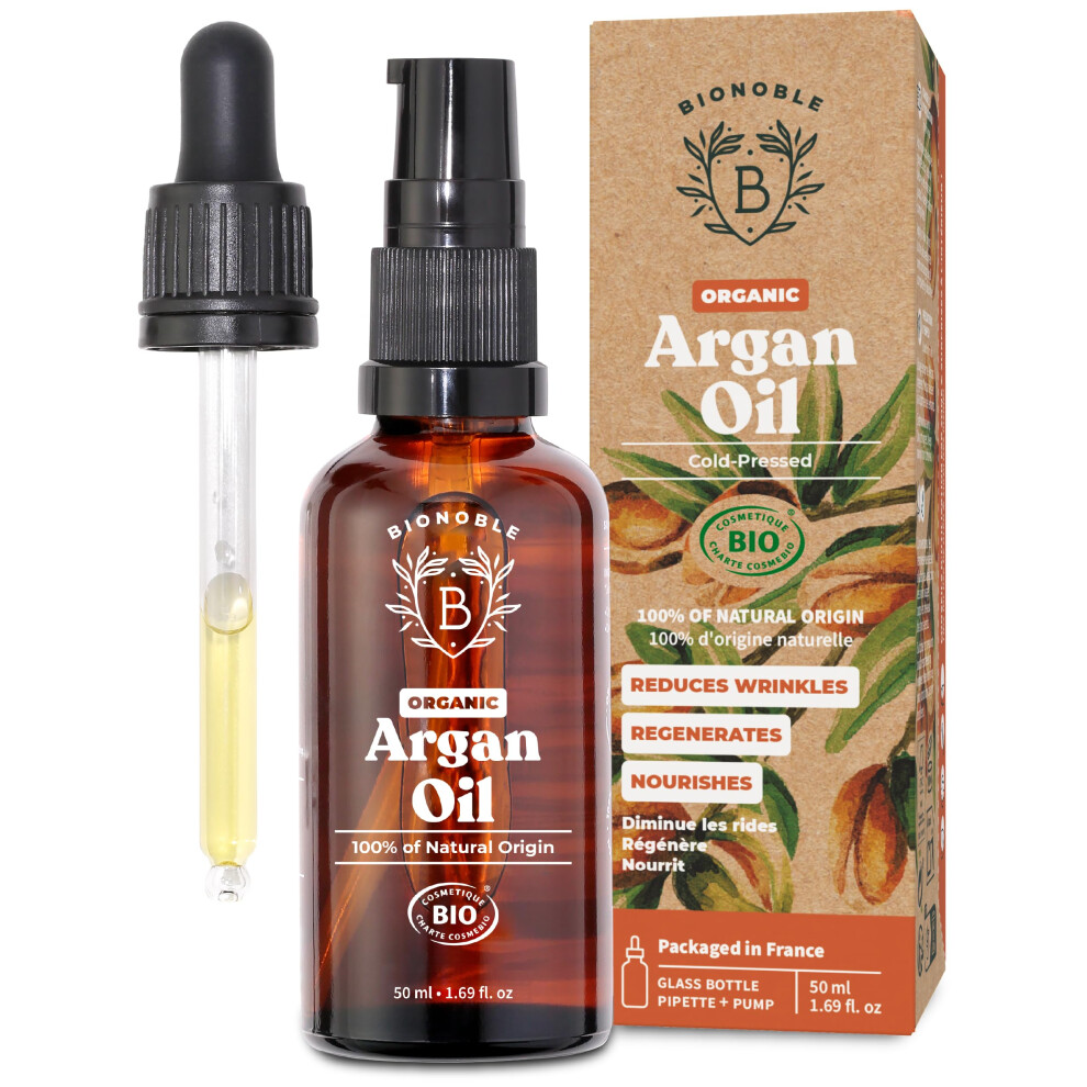Bionoble Organic Argan Oil 50Ml - 100% Pure, Natural And Cold Pressed - For Hair, Face, Body, Beard, Nails - Vegan And Cruelty Free - Glass Bottle +