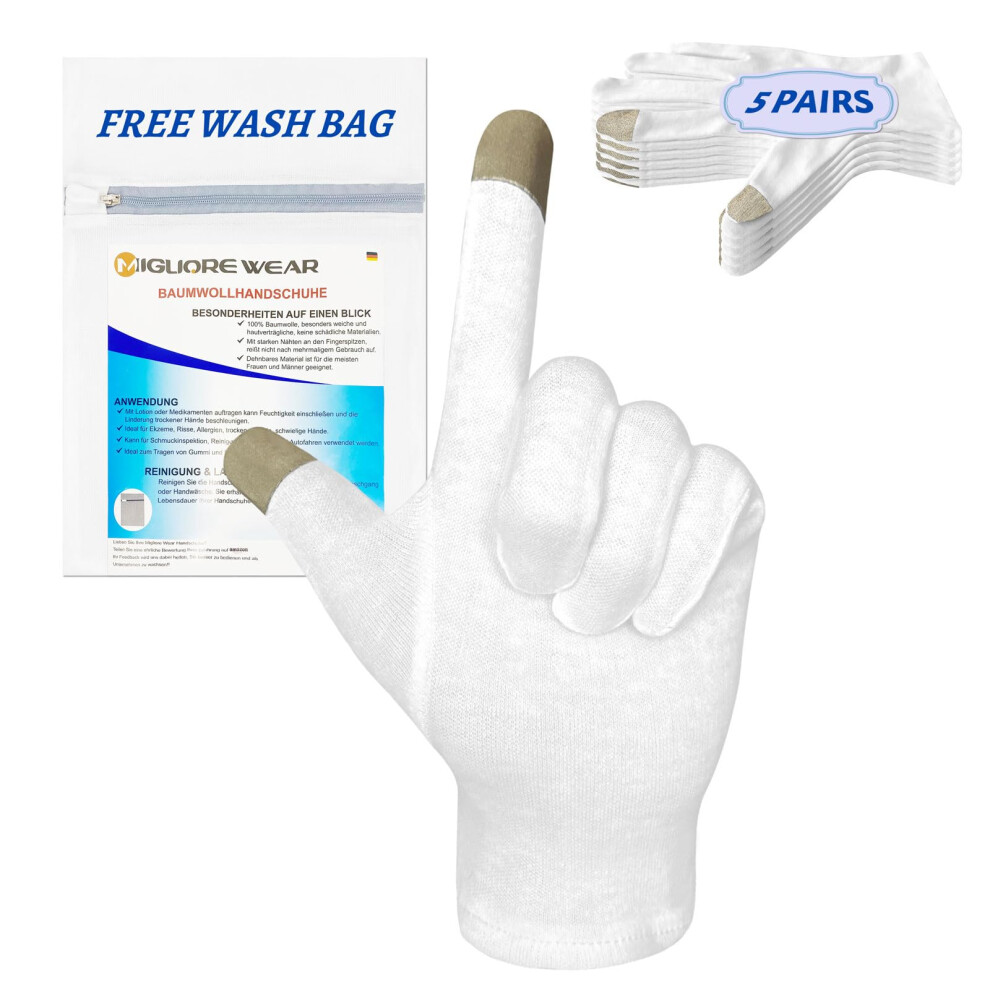 Migliore Wear 5 Pairs White Cotton Gloves For Eczema With Touchscreen Fingers, Moisturising Gloves For Dry Hands, Hand Care, Jewelry Inspection,