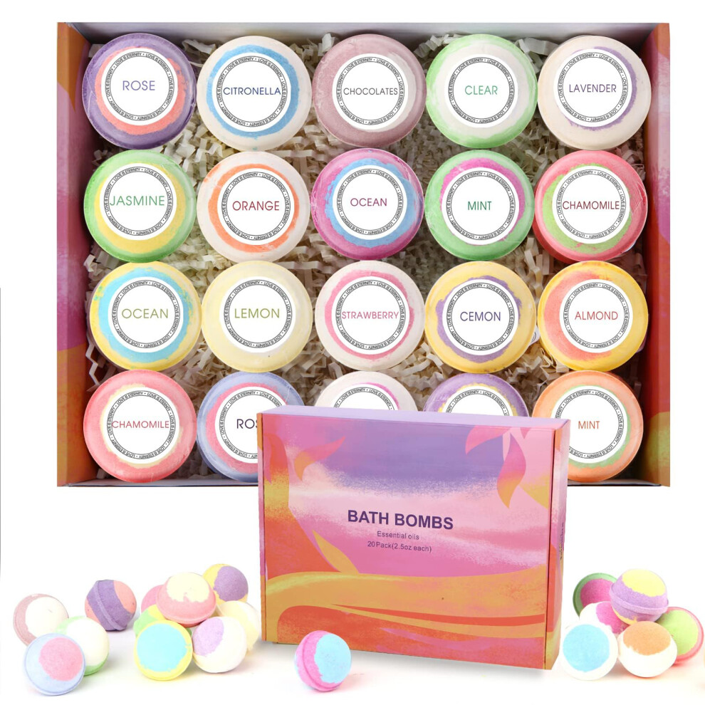Fafamara Bath Bombs, Foaming Gift Set 20 Organic & Natural Handcrafted Essential Oils Relaxation And Stress Relief Fizzy Balls Ideal Birthday Gift For