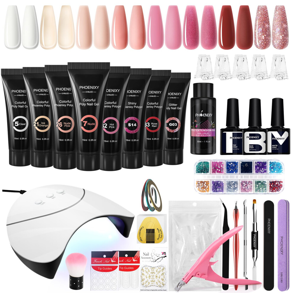 Phoenixy Red Poly Nail Gel Extensions Kit, 8 Colours Poly Builder Gel Nail Kit With 36W U V/Led Lamp Extension Gift Set For Nail Art Lovers