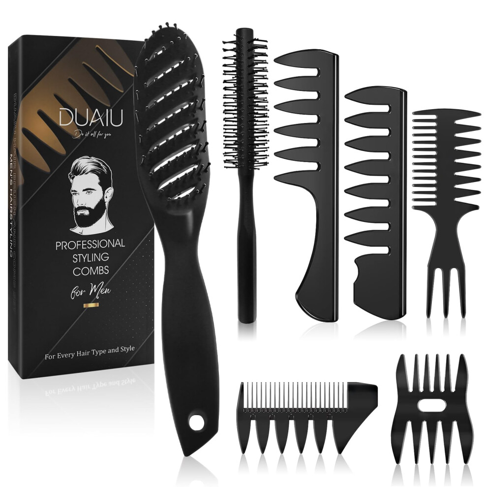 Duaiu Hair Brush Men Styling Set, Mens Hair Combs Styling Brush 7Pcs,Curved Vented Paddle Brush,Quiff Round Hair Brush,Wide Tooth Comb,Texture Comb For