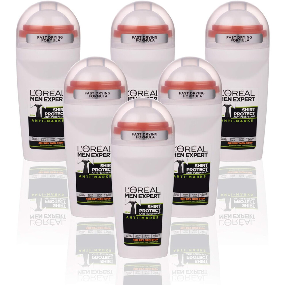 L'Or?al Paris Men Expert 48H Shirt Protect Anti-Perspirant Roll On Deodorant for Men, 50ml Pack of 6, Bulk Buy