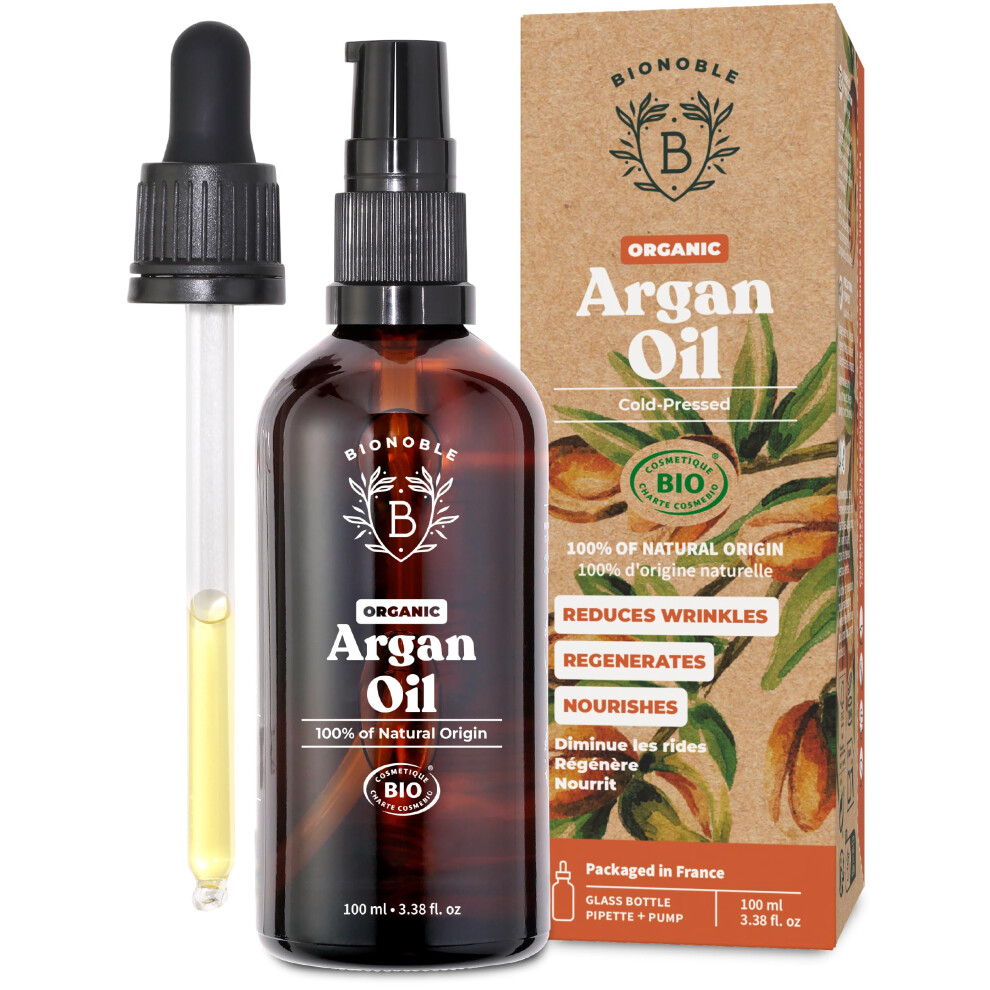 Bionoble Organic Argan Oil 100Ml - 100% Pure, Natural And Cold Pressed - For Hair, Face, Body, Beard, Nails - Vegan And Cruelty Free - Glass Bottle +