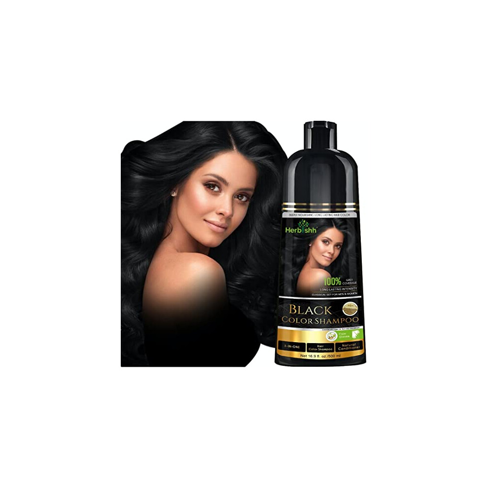 Herbishh Black Hair Color Shampoo For Gray Hair - Hair Dye Shampoo-Colors Hair In Minutes-Long Lasting Colour-500 Ml-3-In-1 Hair Color-Ammonia-Free (Black)
