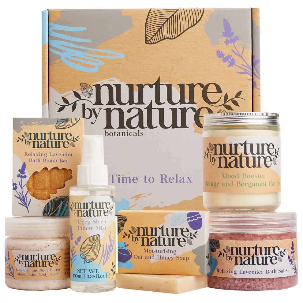 Nurture By Nature Botanicals Lavender Nurture By Nature Relax & Calm Pamper Gifts For Women - Mothers Day Hamper - Relaxation Gifts For Women With Mist, Bath Salts, Candle & More