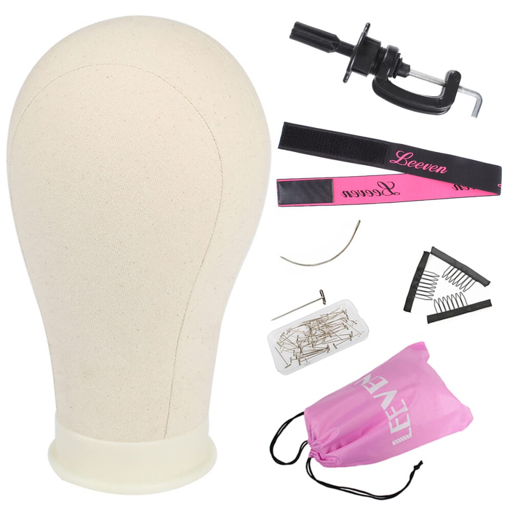 Leeven Unisex White 23 Inch Canvas Wig Head Poly Manikin Head For Making Wigs Professional Mannequin Head With T Pins Clamp Stand Canvas Block Head Wig Making