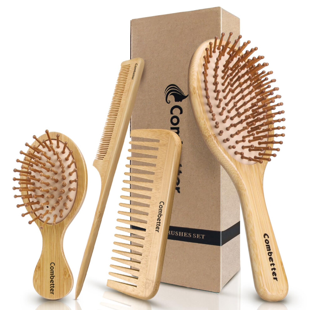 Combetter Bamboo Hairbrush And Comb Set - Natural Eco-Friendly Paddle Detangler With Scalp Massage For Women, Men, And Kids - Reduces Frizz And