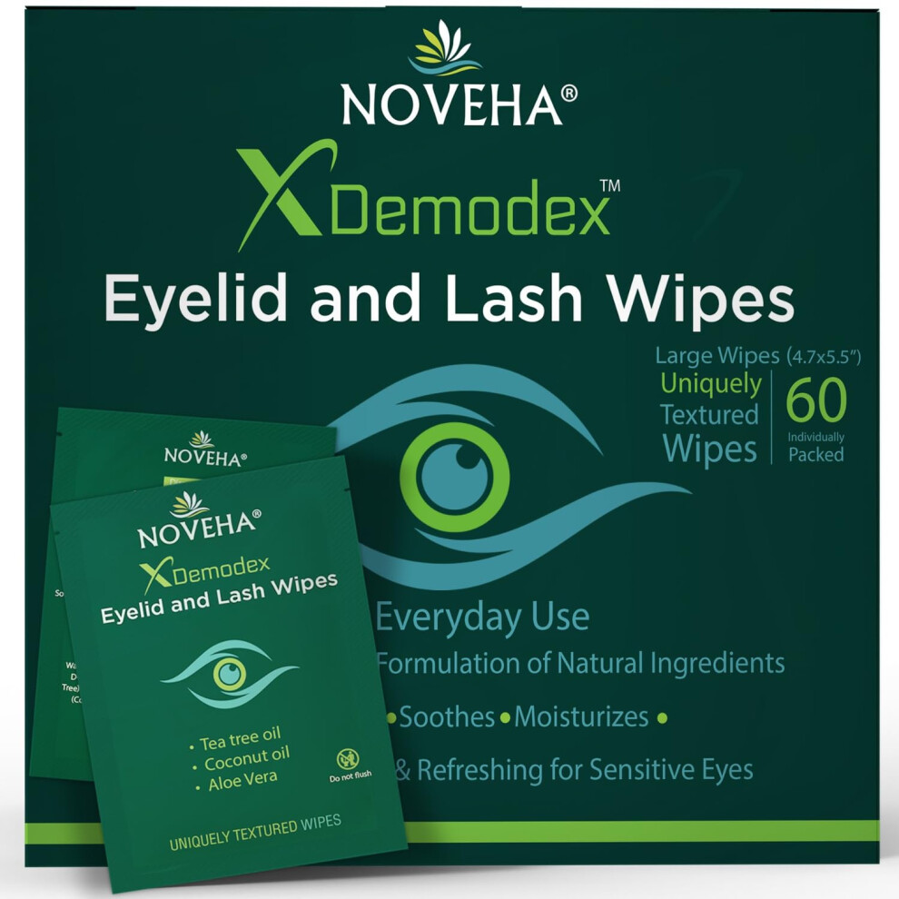 Noveha Demodex Eyelid & Lash Wipes | Box Of 60 Individually Wrapped Extra Strength Cleansing Eyelash Wipes - Battle Itchy & Irritated Eyes Associated