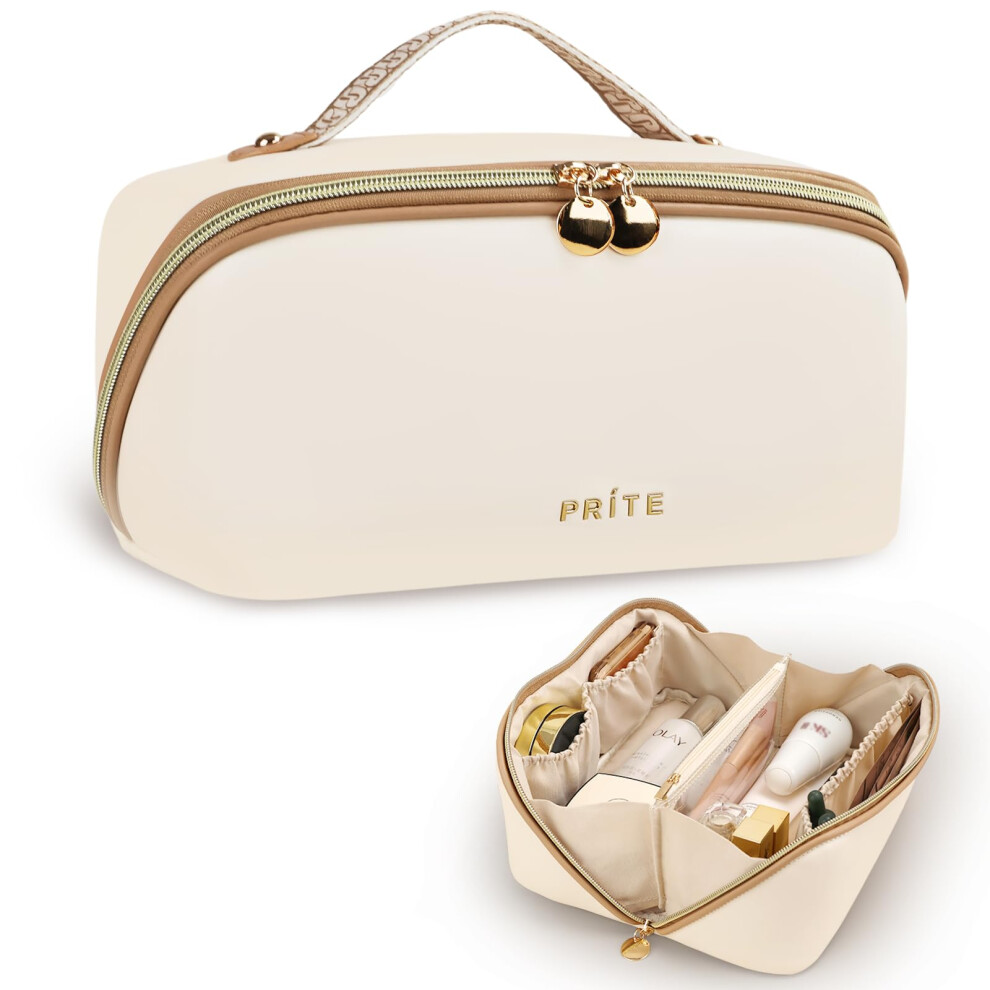 Prite Beige Large Capacity Makeup Bag Portable Travel Cosmetic Bag Waterproof Toiletry Case With Clear Divider And Handle ( L)
