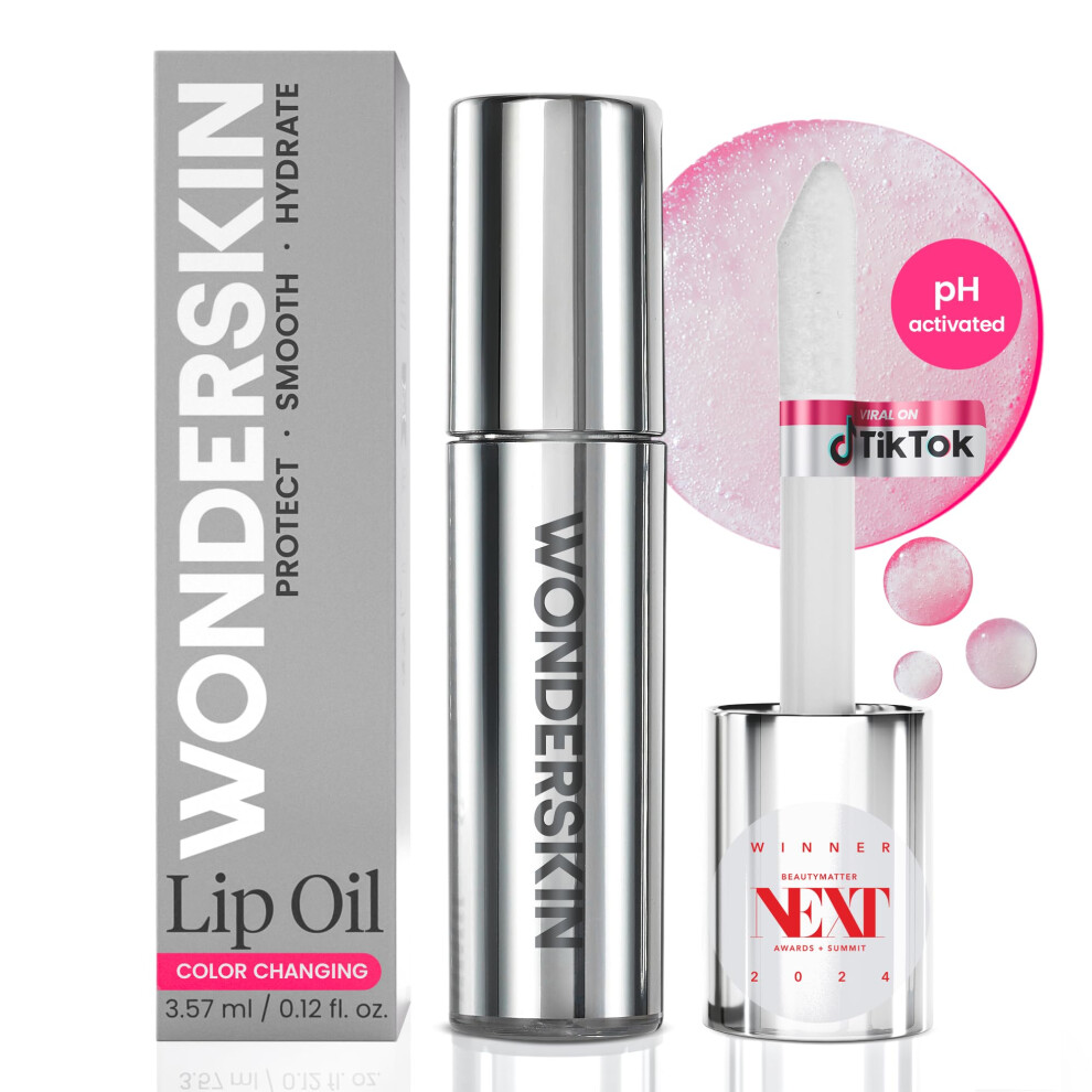 Wonderskin Pink,Clear Lip Rehab Serum Oil - Color Changing Lip Oil From Clear To Pink - Ph-Activated, Non-Sticky & Hydrating Tinted Lip Oil For Dry Lips (Kissed)