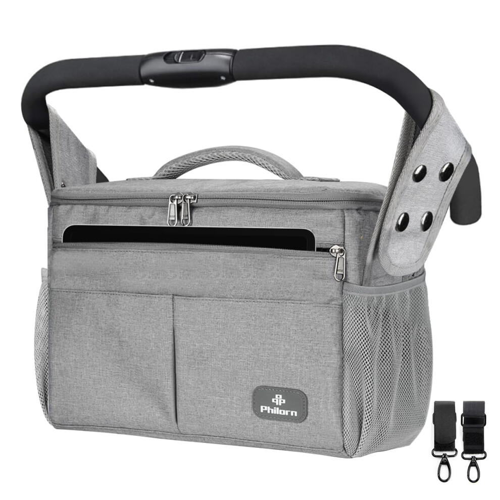 Pram Bag Baby Stroller Organizer With Insulated Cup Holders & Shoulder Strap, Large Caddy Parent Console Bag Extra Storage Easily Firmly Philorn