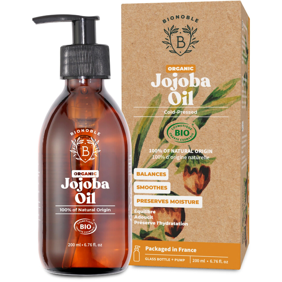 Bionoble Light Organic Jojoba Oil 200Ml - 100% Pure, Natural And Cold Pressed - Face, Body, Hair, Beard, Nails - Vegan And Cruelty Free - Glass Bottle +