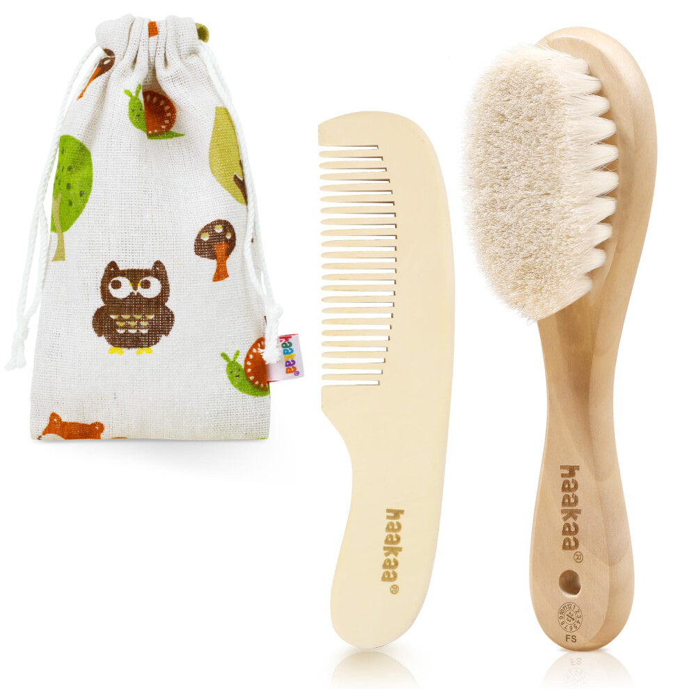 Baby Hair Brush And Comb Set For Newborns & Toddlers - Natural Soft Goat Bristles And Wooden Handle, Gently Grooms Baby's Hair, Ideal For Haakaa