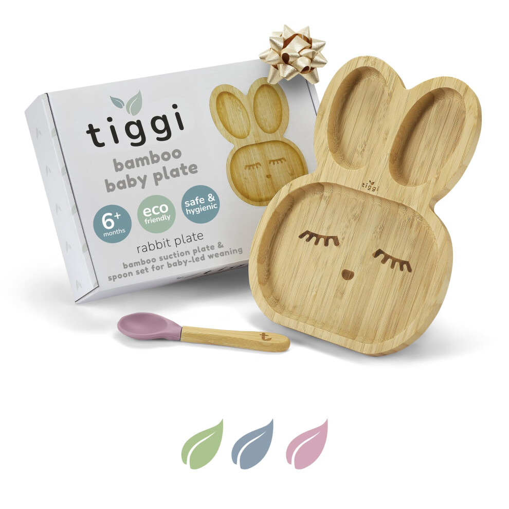 Bamboo Baby Plate Set - Bamboo Weaning Set From 6+ Months | Ideal Toddler Plates | Strong Grip For Less Mess | Suction Plate Baby (Rabbit, ) Pink Tiggi
