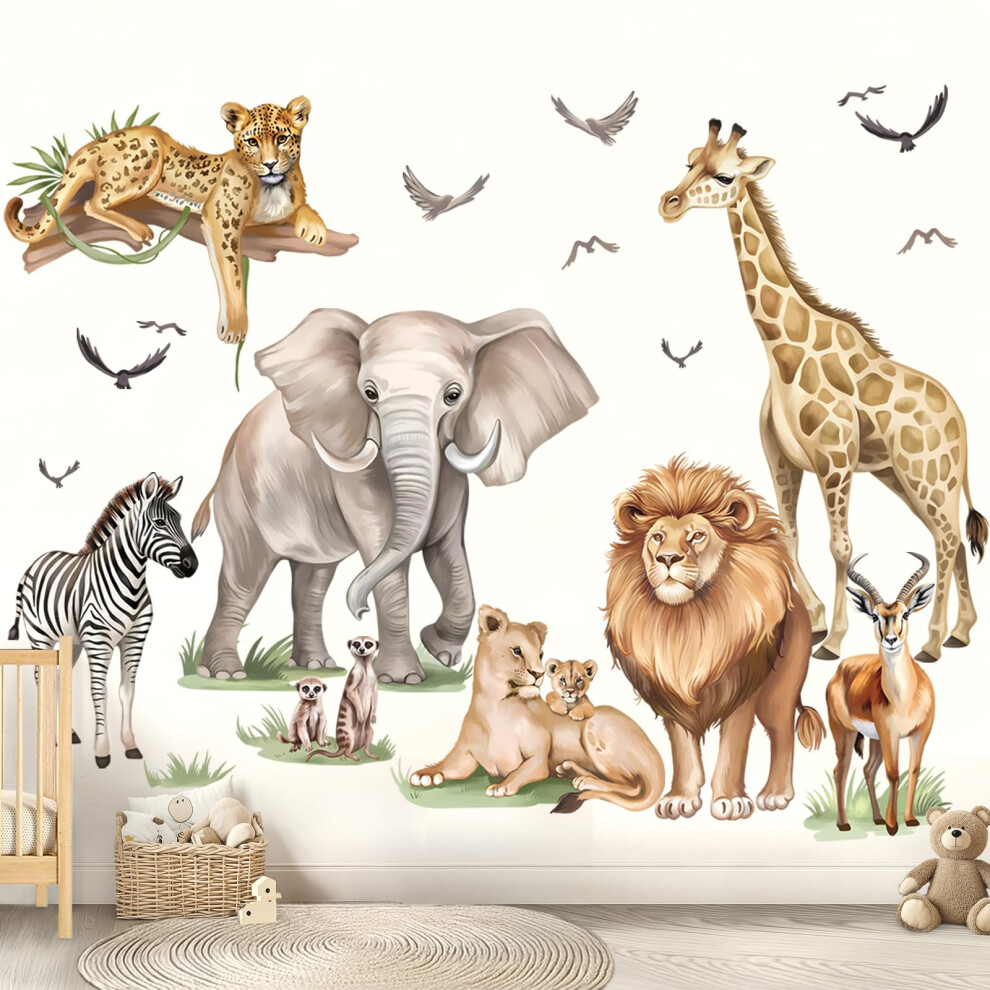 Wondever Large Safari Animals Wall Stickers Jungle Lion Leopard Giraffe Peel And Stick Wall Art Decals For Baby Nursery Kids Bedroom Living Room