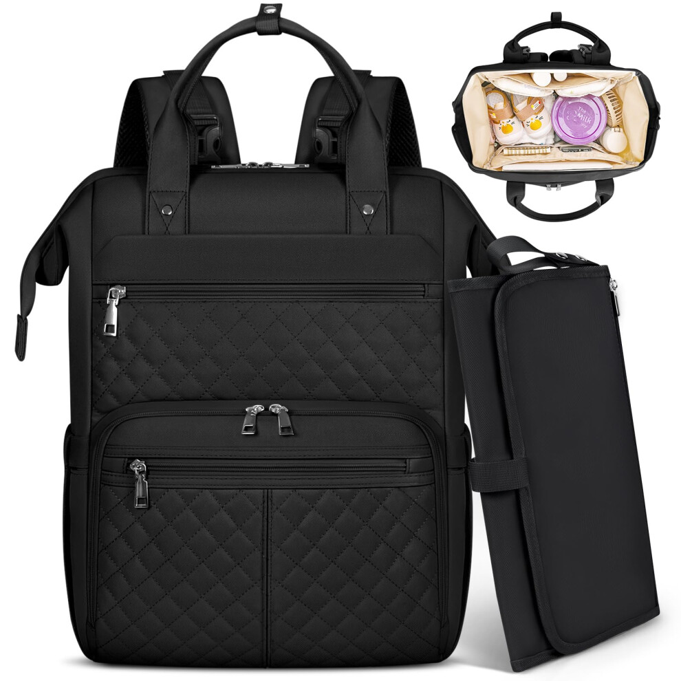 Baby Changing Bag Backpack Multifunction Nappy Bag With Portable Changing Mat Baby Diaper Bags Large Travel Pram Bag For Mom & Dad- Black Rainsmore