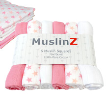 MuslinZ 6pk Baby Muslin Squares - Baby Burp Cloth - Newborn Essential mulit-use - Soft and Absorbent 100% Cotton 70x70cm (Bright Pink Mix)