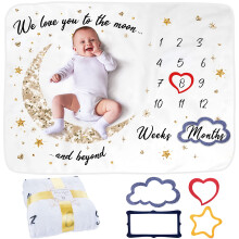 Baby Milestone Blanket | Monthly Photo Mat for Boy or Girl, Unisex | Moon & Stars Theme | Personalised Baby Shower Present for New Mums | Age Mat |