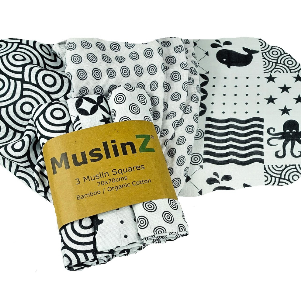 Newborn Sensory Muslin Squares In And For Visual Stimulation And Sensory Play. Baby Muslin Bamboo/Organic Cotton Mix. Black/White Muslinz