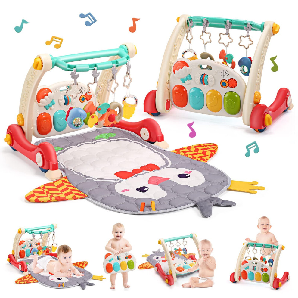 Cute Stone Baby Gym Play Mat & Baby Learning Walker, Baby Activity Mat With Play Piano, Musical Activity Center With Lights, Baby Push Walkers & Tummy