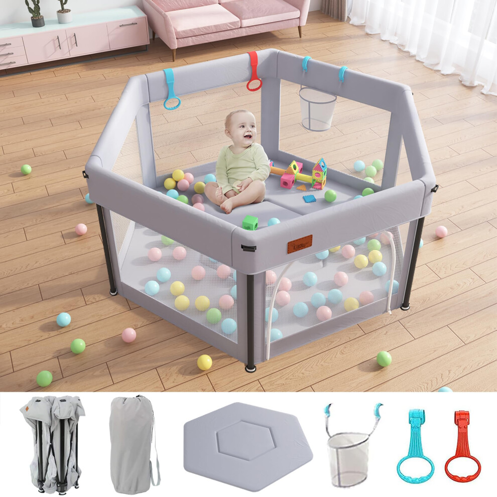 Eaq Baby & Toddler Playpen, Foldable Playard With Breathable Mesh Walls, Grey, Baby Playpen With Travel Bag