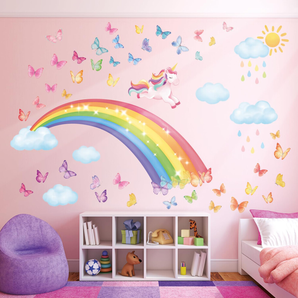 Decowall Women's Sg2-2309 Rainbow Wall Decals Unicorn Rainbow Butterflies Clouds Wall Stickers Baby Nursery Girls Bedroom Living Room Wall D?Cor