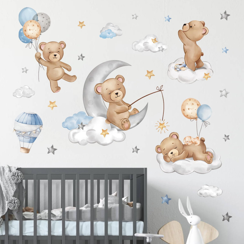 Bear Sleeping On The Moon Wall Decals Hot Air Balloon Animals Clouds Wall Stickers Baby Nursery Kids Bedroom Playroom Wall D?Cor Decalmile