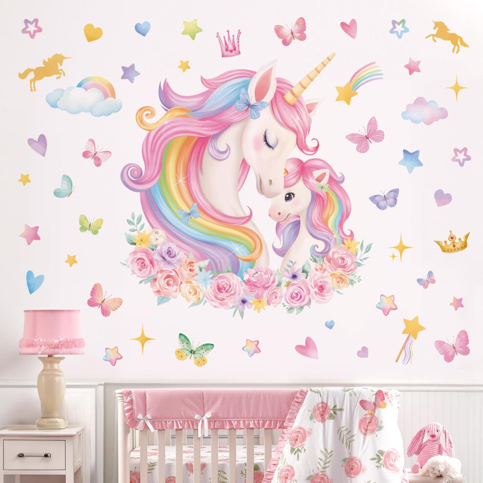 Large Unicorn Wall Stickers Rainbow Baby Unicorn Butterfly Stars Peel And Stick Wall Art Decals For Baby Girls Nursery Kids Bedroom Wondever