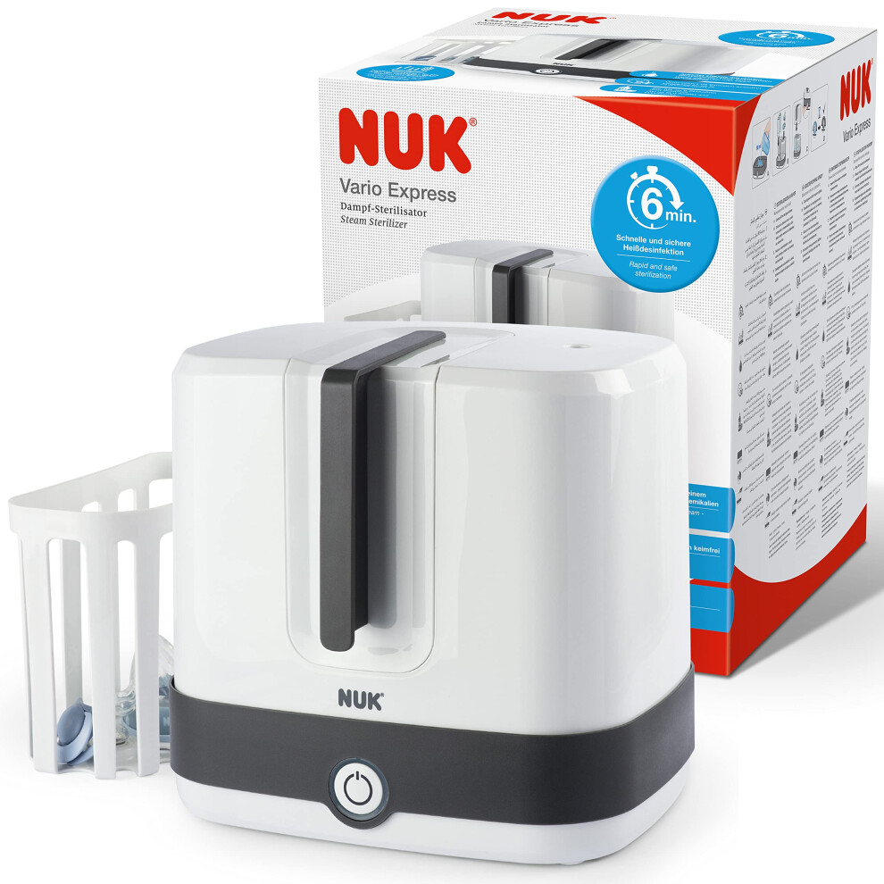 Nuk Vario Express Bottle Steriliser | Steam Sterilises Up To 6 Baby Bottles & Accessories In 6 Minutes | Auto Switch Off | Removable Basket & Poles |