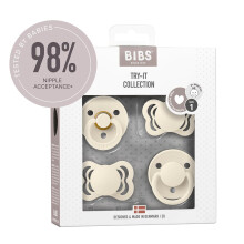 BIBS Try-it Soother 4-Pack. BPA Free, Round, Symmetrical and Anatomical Nipple. Natural Rubber/Silicone, Size 1 (0-6 Months), Ivory