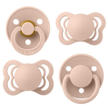BIBS Try-it Soother 4-Pack. BPA Free, Round, Symmetrical and Anatomical Nipple. Natural Rubber/Silicone, Size 1 (0-6 Months), Blush