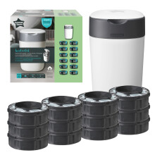 Tommee Tippee Twist and Click Nappy Bin Starter Set, 12x Refill Cassettes with Multilayer, Antibacterial Film, 100% Recycled Chassis, White (pack may