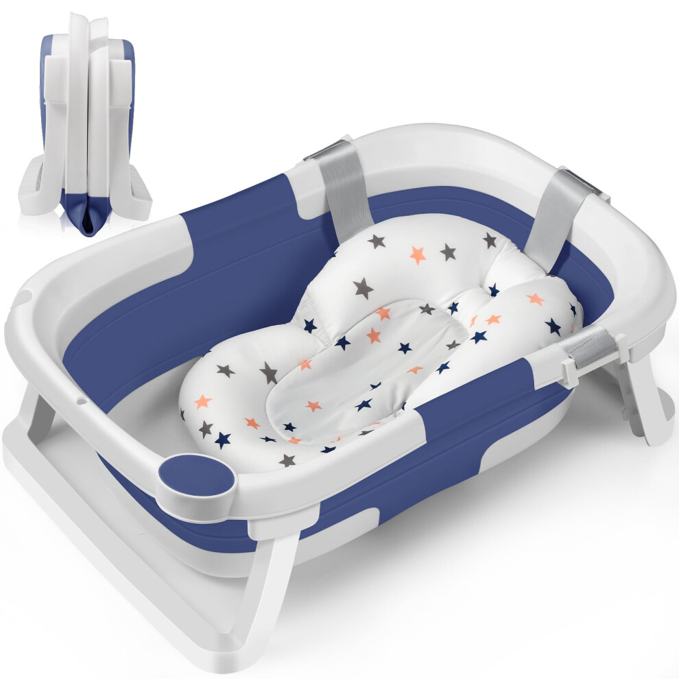 Deanic Baby Bath Tub For 0-6-12 Months Newborn, Foldable Toddler Bath With Soft Cushion Pad, Portable Baby Bathtub Travel Save Space (Blue)