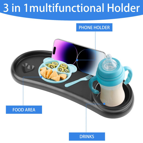 ROYUEXT Stroller Snack Tray with Universal Cup Holder, Multifunction Pram Accessory (Black) 1