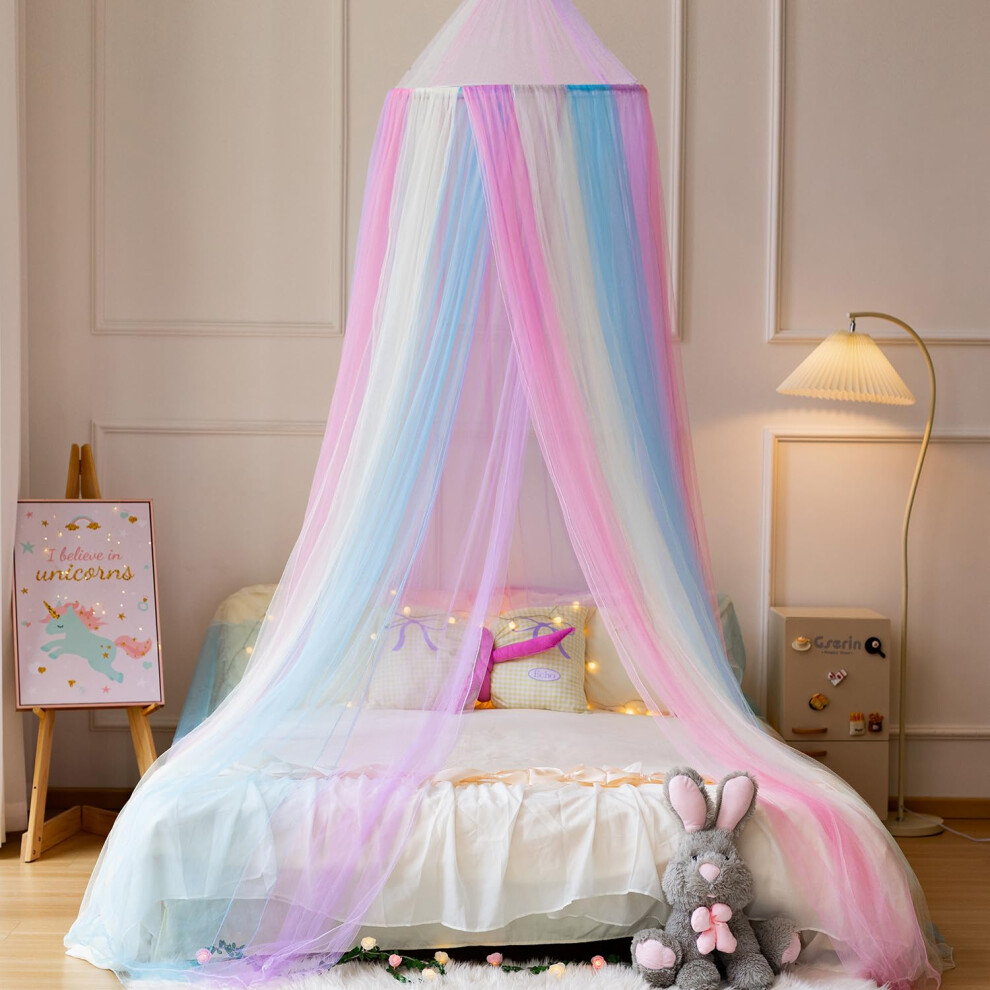 Wnqou Rainbow Bed Canopy,X-Large Princess Rainbow Canopy Hanging Netting For Girls Bedroom Decor,Kids Fairy Dream Play Tent For Room,Reading Corner