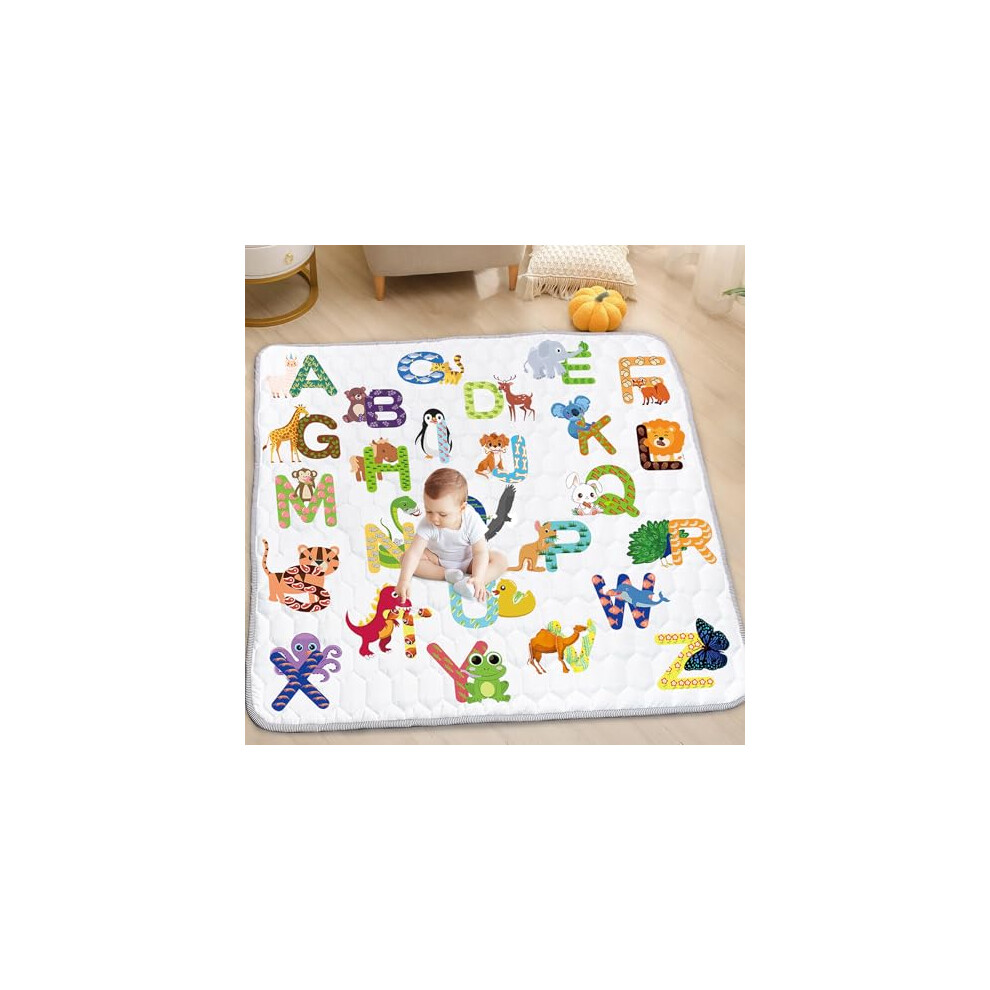 Baby Play Mat For Floor - 127X127cm Soft Playpen Mat Foldable, Cotton Waterproof Baby Tummy Time Crawling Mat, Non-Slip Animal Eat Letter Funsland