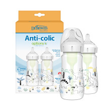 Dr. Brown?s Natural Flow Anti-Colic Options+ Wide-Neck Baby Bottle Designer Edition Bottles, Dinosaur Decos, 9oz/270ml, Level 1 Teat, 2-Pack, 0m+