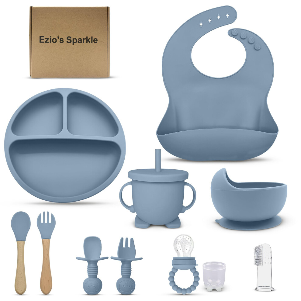 Ezio's Sparkle 11-Piece Baby Weaning Set ? Bpa-Free Silicone Strong Suction Plate, Cup With Lid, Spoon, Fork & Bib With Catcher ? Microwave & Dishwasher Safe