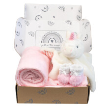 Baby Box Shop - 4 Baby Essentials for Newborn Baby Girl, Ideal as Baby Shower Gifts & Christening Gifts for Girls, Includes a Unicorn Baby Comforter,